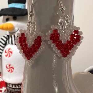 Elegant Red and White Beaded Heart Earrings